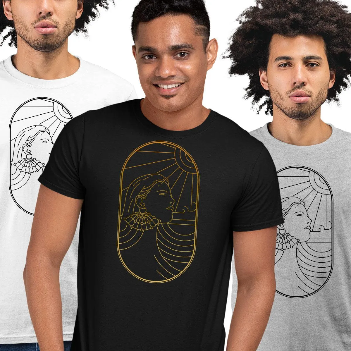 Art Deco Elegant Portraits Unisex T-shirt Golden Nostalgia Soft Line Design 2