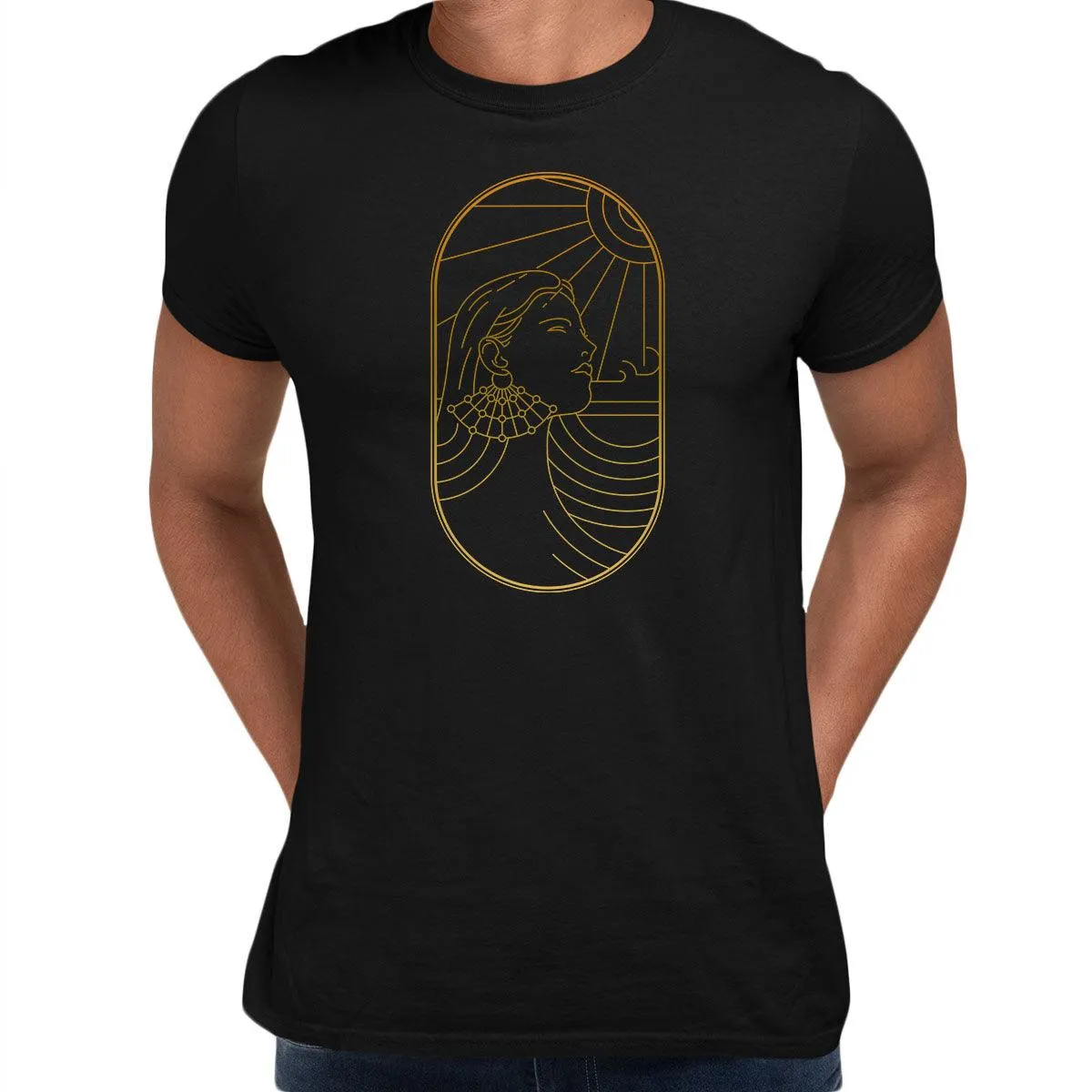 Art Deco Elegant Portraits Unisex T-shirt Golden Nostalgia Soft Line Design 2