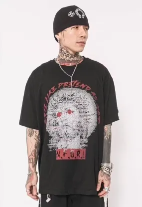 Crying Jesus print tee graffiti paint splatter t-shirt black