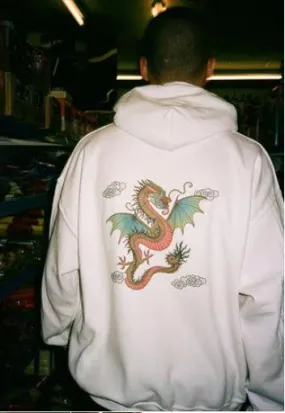 Hoodie in White With Chinese Dragon Print