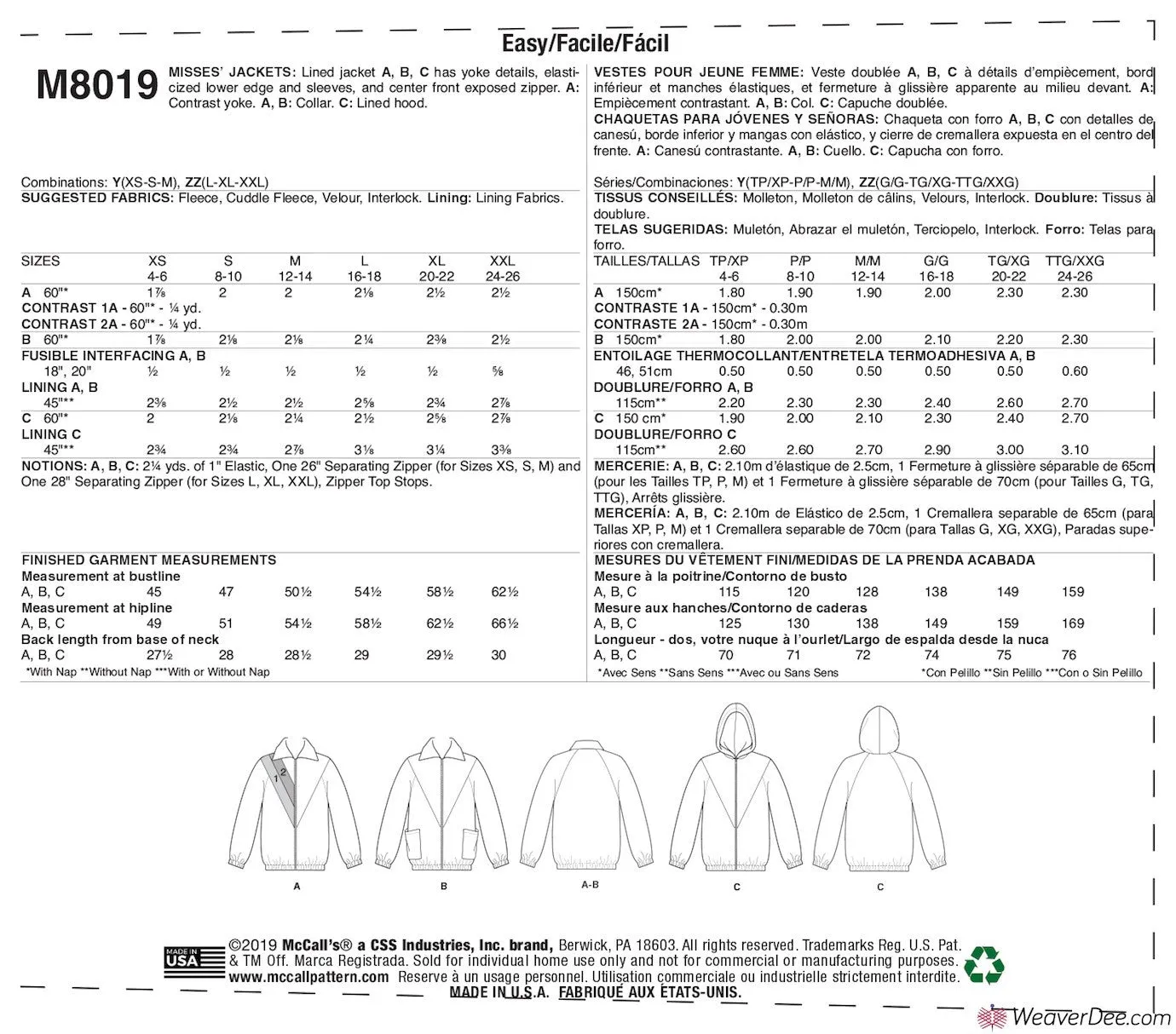 McCall's Pattern M8019 Misses' Jackets