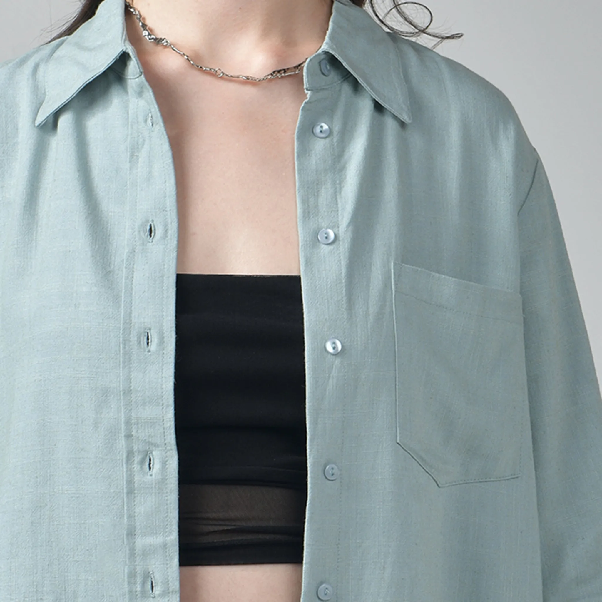 Relaxed Fit Green Linen Shirt For Women