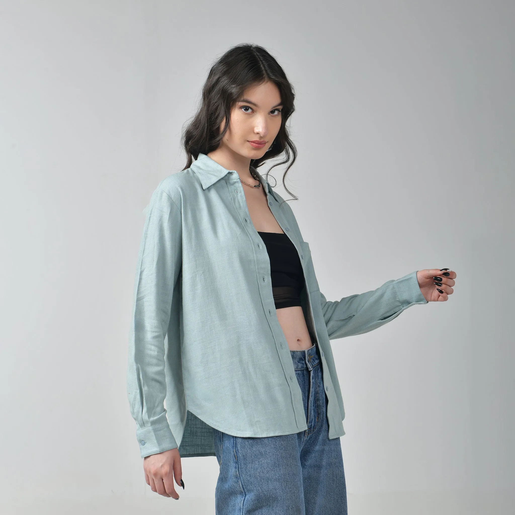 Relaxed Fit Green Linen Shirt For Women
