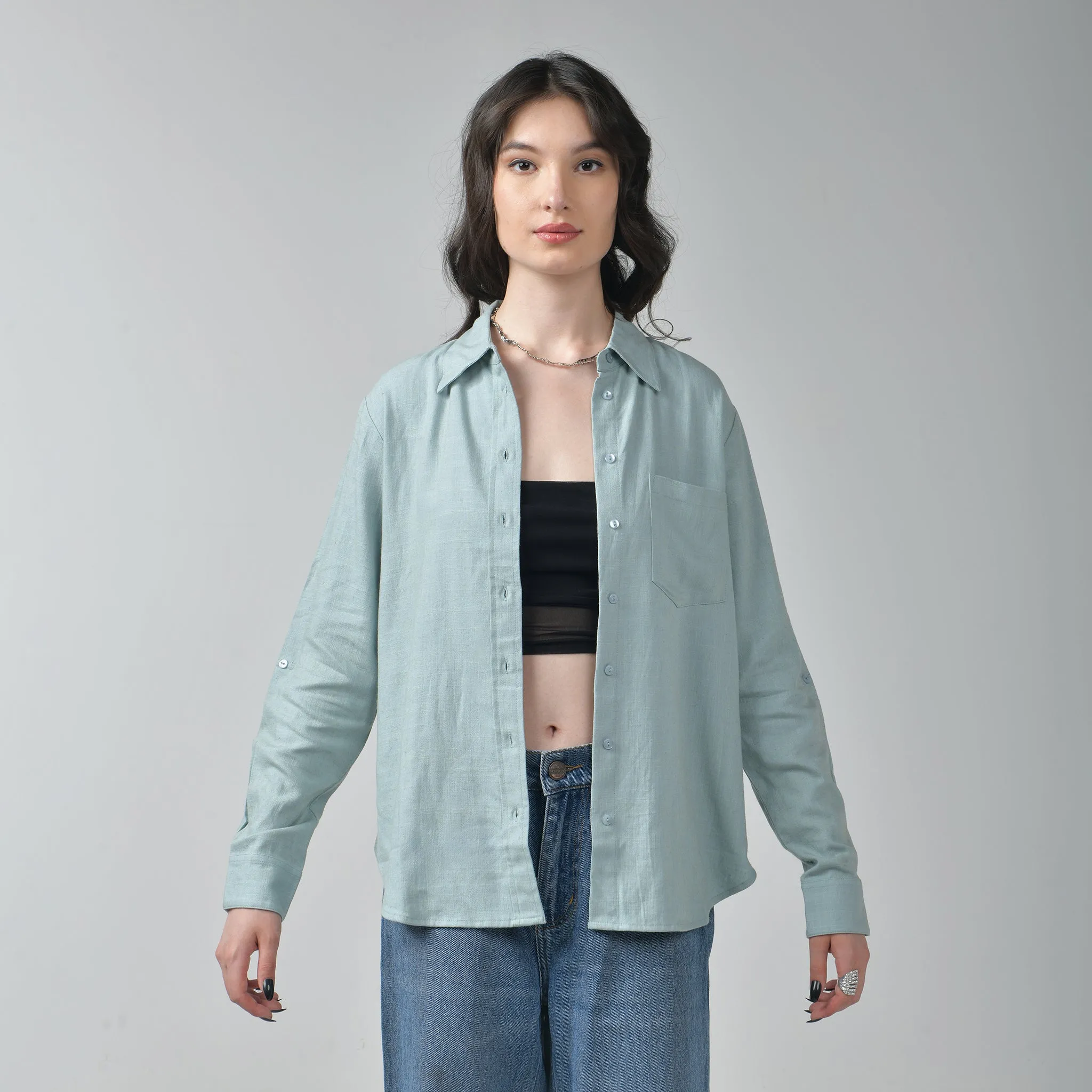 Relaxed Fit Green Linen Shirt For Women