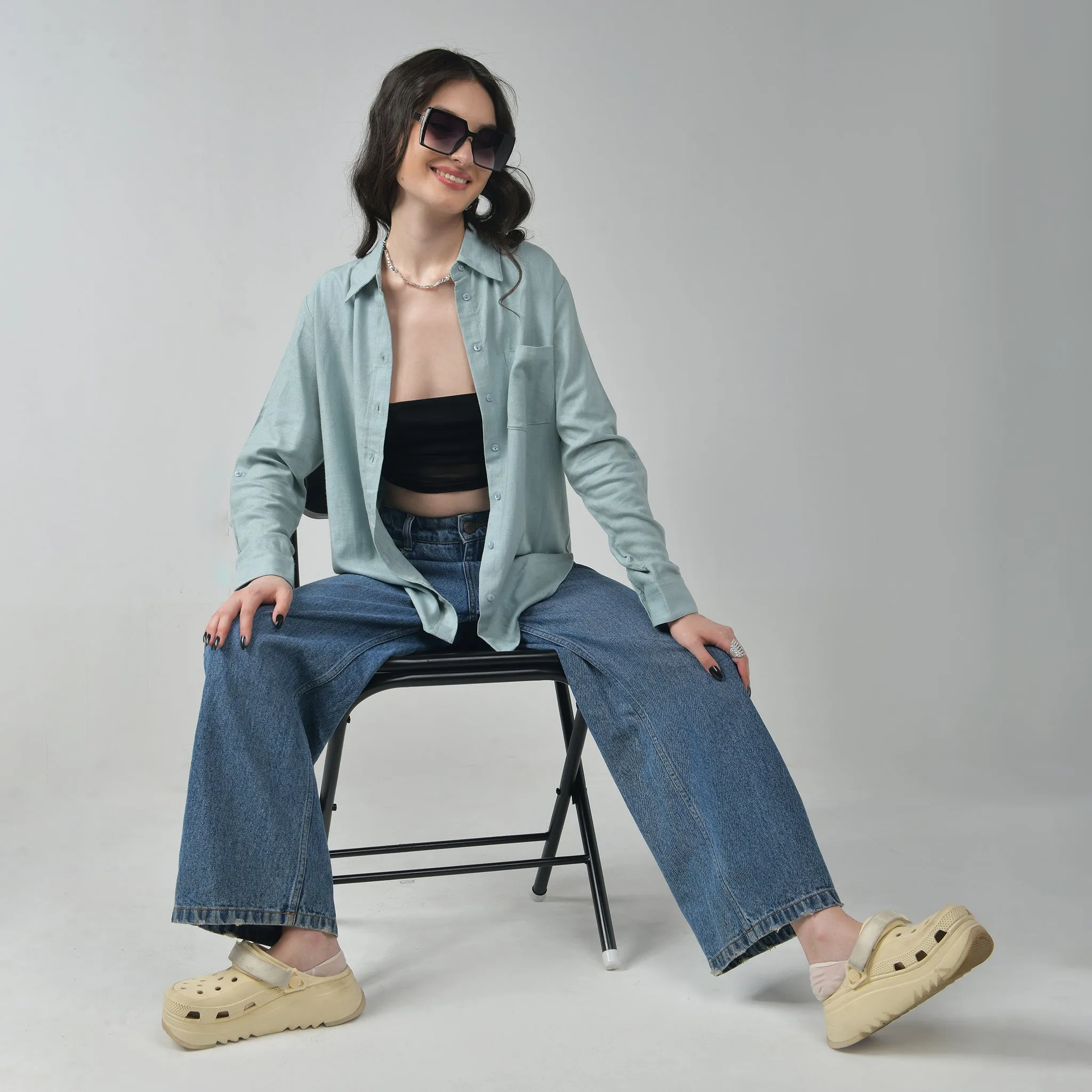 Relaxed Fit Green Linen Shirt For Women
